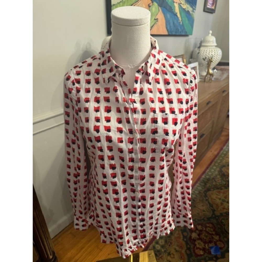 Kate Spade New York Red Navy Abstract Block Print Ruffle Hem Button Down Shirt 2